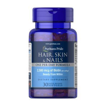 Hair Skin Nails (One perday formula) 2500 mcg of Biotin - 30 Softgels 100-25-8163133-20 фото