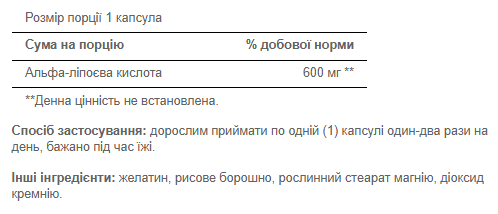 Alpha Lipoic Acid 600 mg - 60 caps 100-63-4672973-20 фото